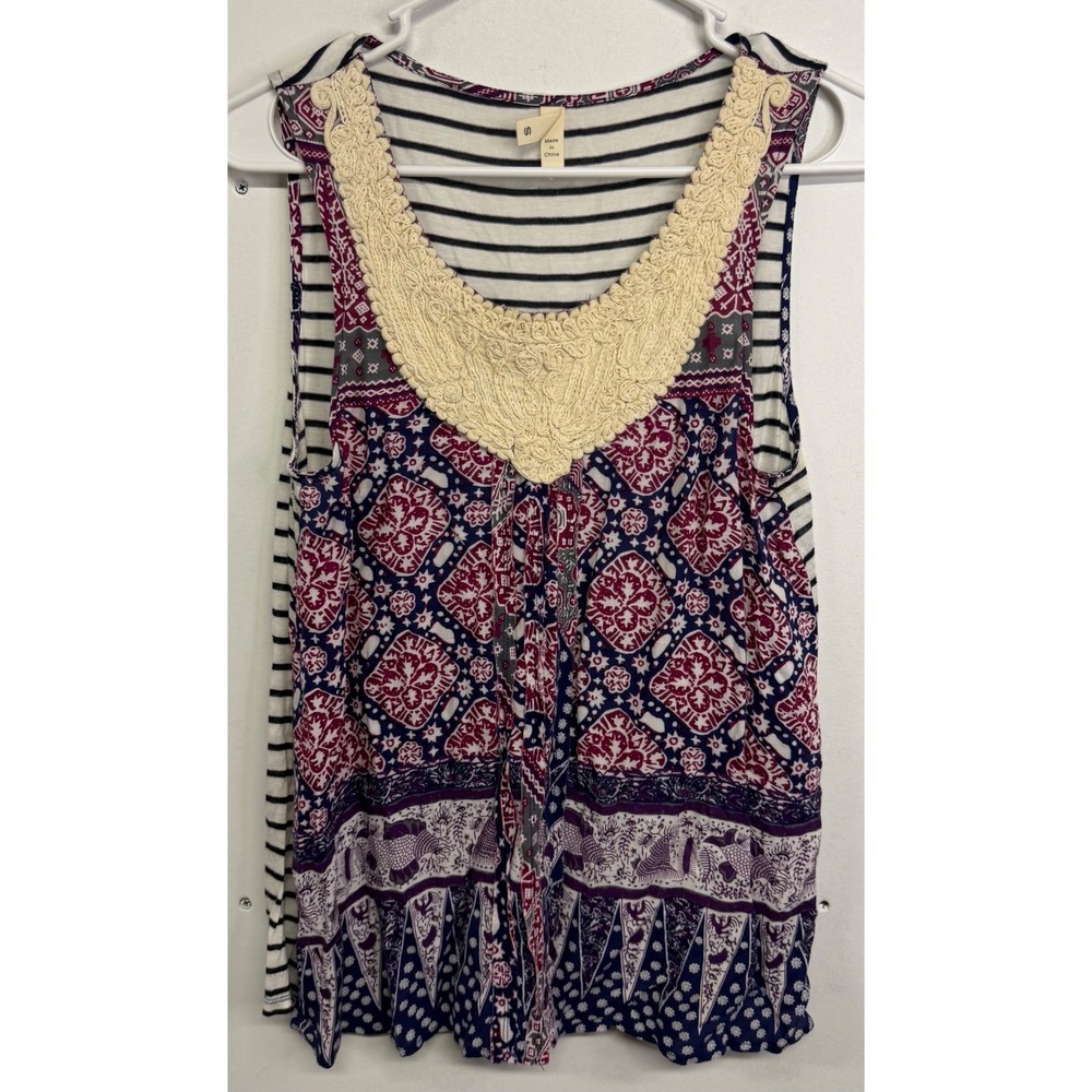 Anthropologie Tiny Mixed Media Tank Top‎ Purple Boho Striped Crochet Lace Small